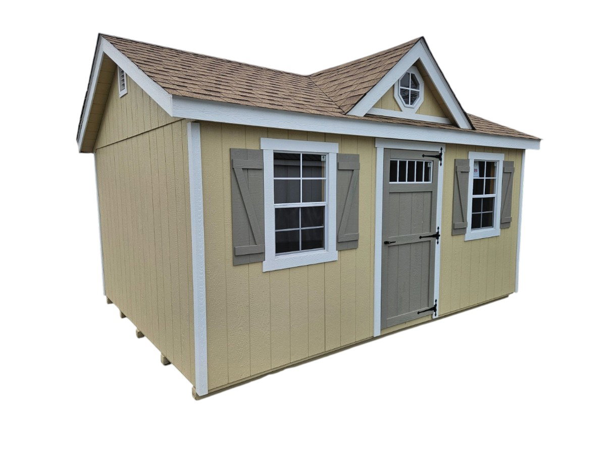 Storage shed with gable dormer and shuttered windows